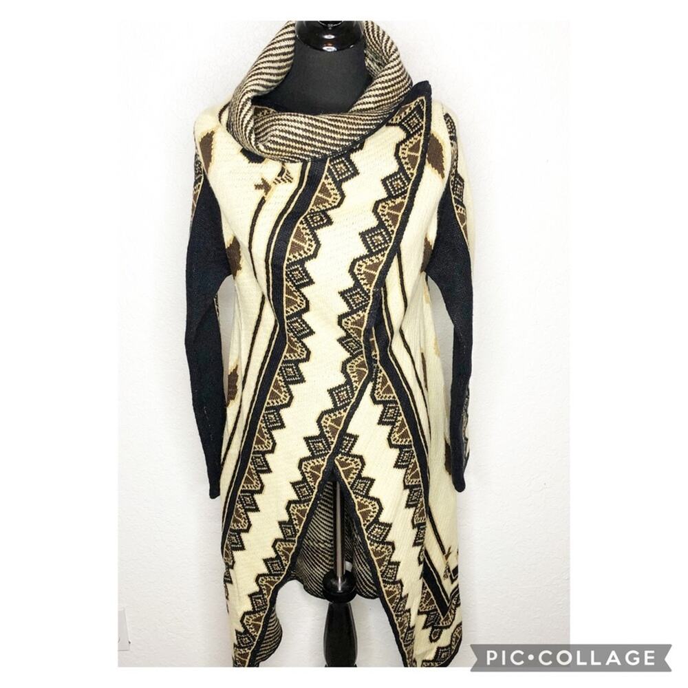 II Sisters black cream gold yellow wrap front long cardigan sweater size S/M